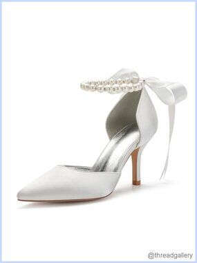 Womens pearl white wedding shoes for bride high heels pointed toe bridal satin